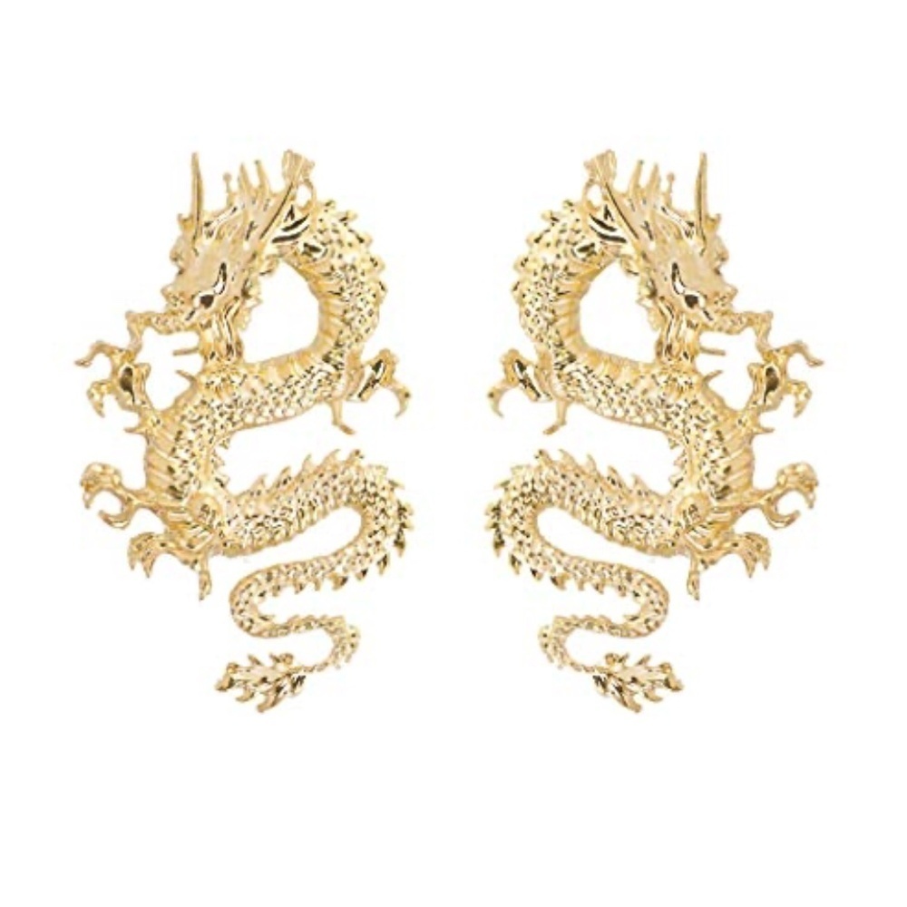 Gold Dragon Statement Earrings – Bold Asian-Inspired Alloy Drop Earrings, 2.45"